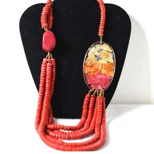 Multi Layer Red Wood Beads Large Resin Crushed Shell/Red Bead Accent Necklace